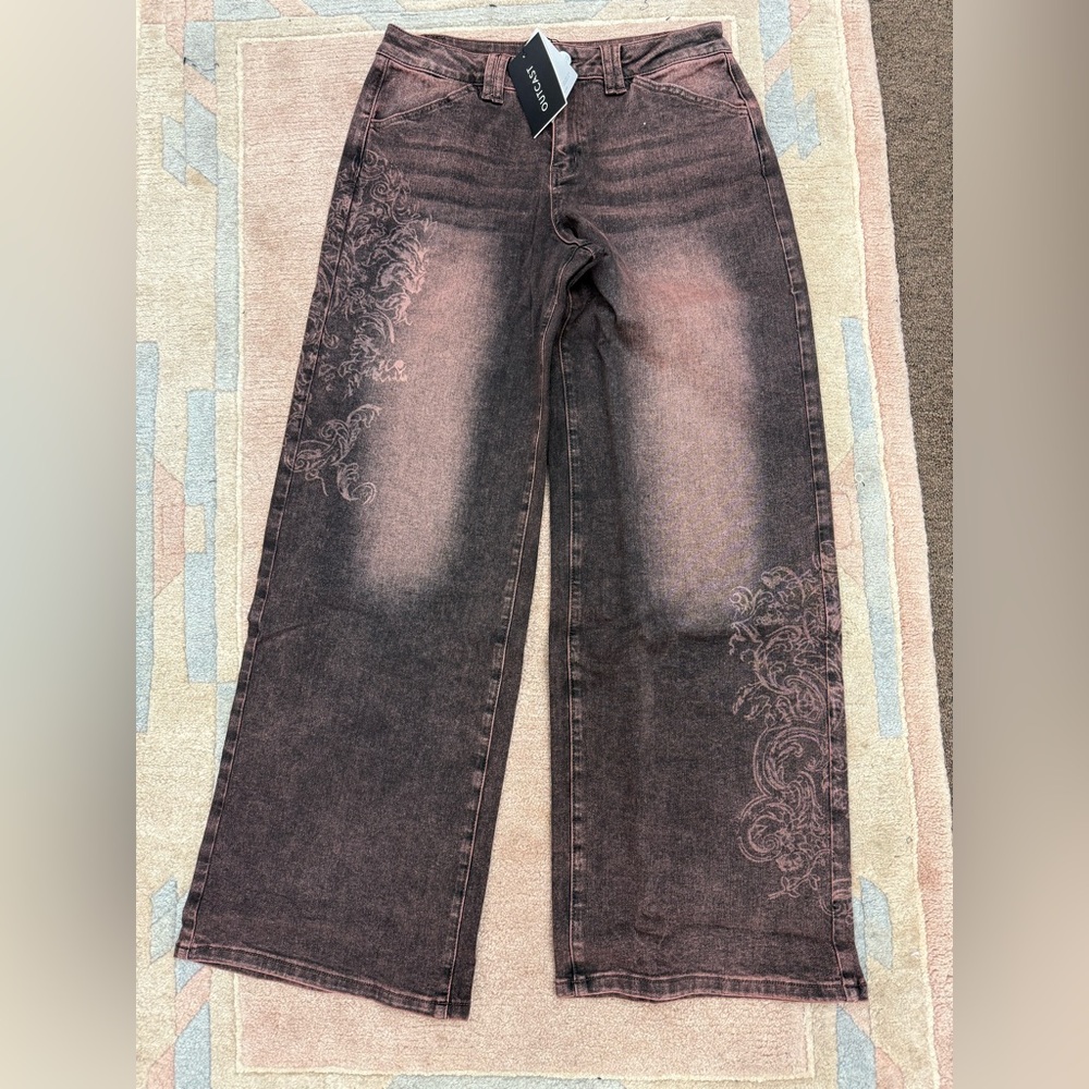 Outcast Floral Embroidered Wide-Leg Jeans in Black NWT